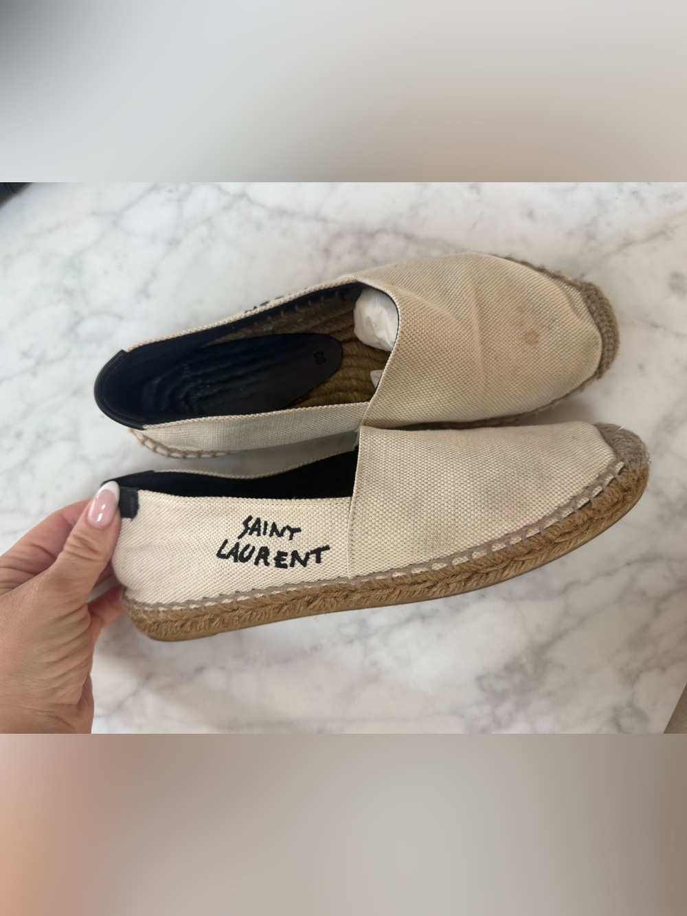 YSL Saint Laurent Cream Canvas Signature Espadrilles Size 36